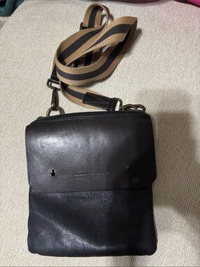 Armani Exchange Black Leather Messenger Bag with Tan & Black Striped Strap